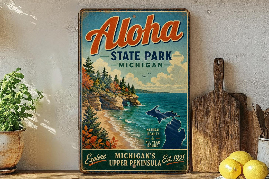 A vintage-style metal sign for Aloha State Park in Michigan, featuring a scenic coastal landscape with cliffs, pine trees, and a lake.