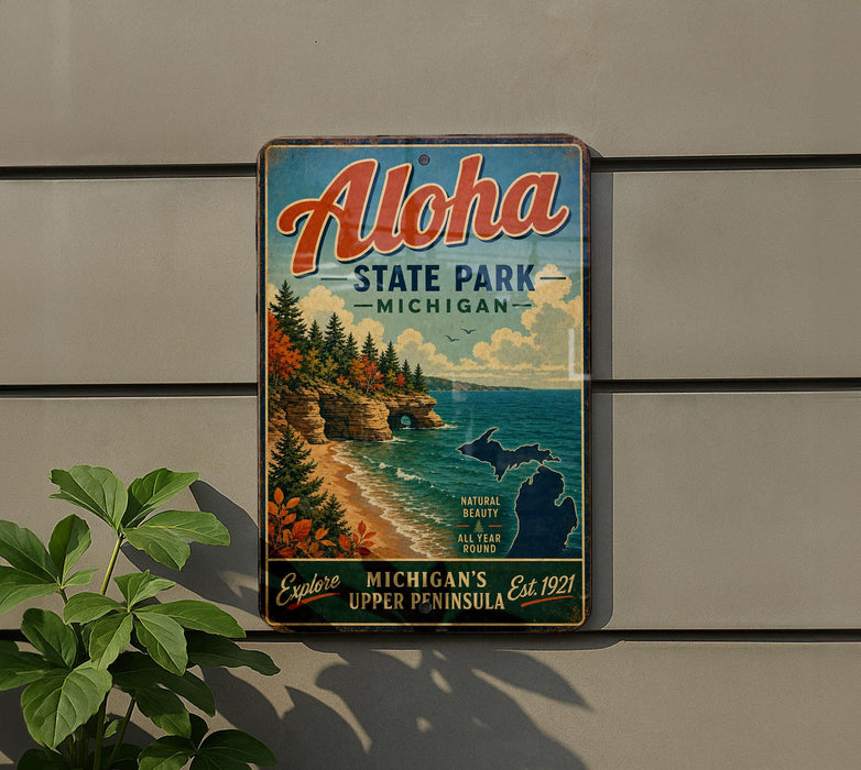 A vintage metal sign for Aloha State Park, Michigan, featuring a scenic landscape with a beach, cliffs, and a lake.