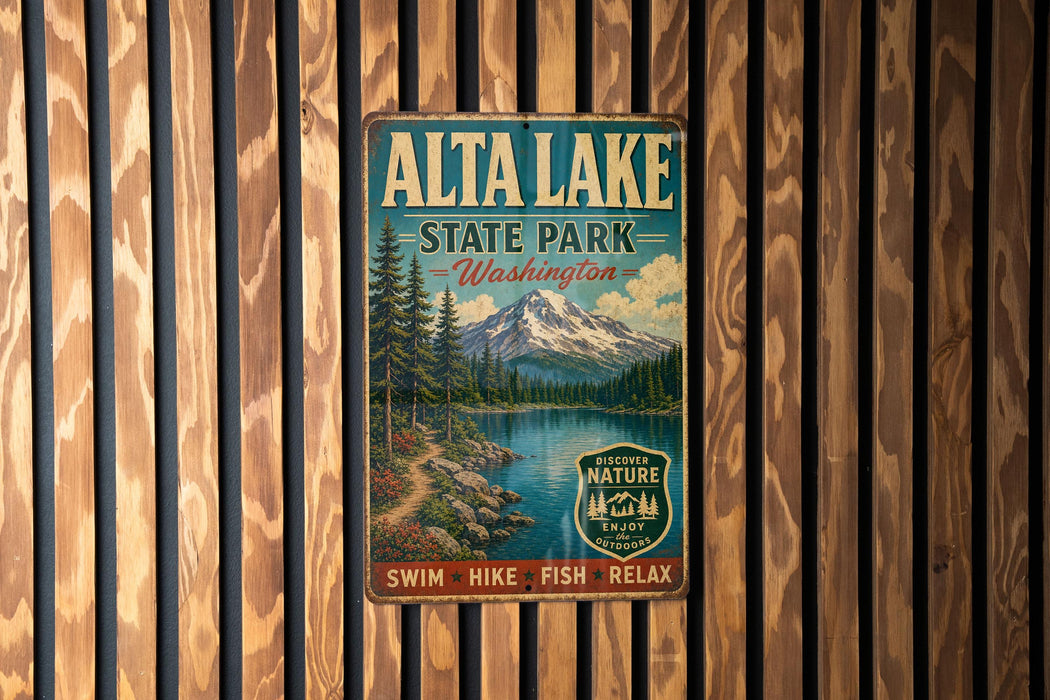 A vintage metal sign for Alta Lake State Park in Washington, featuring a scenic mountain landscape and inviting visitors to explore nature.