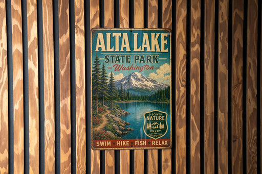 A vintage metal sign for Alta Lake State Park in Washington, featuring a scenic mountain landscape and inviting visitors to explore nature.