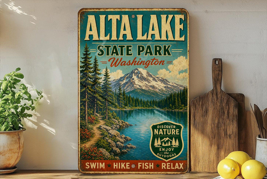 A vintage-style metal sign for Alta Lake State Park in Washington, featuring a scenic mountain landscape with a lake and pine trees.