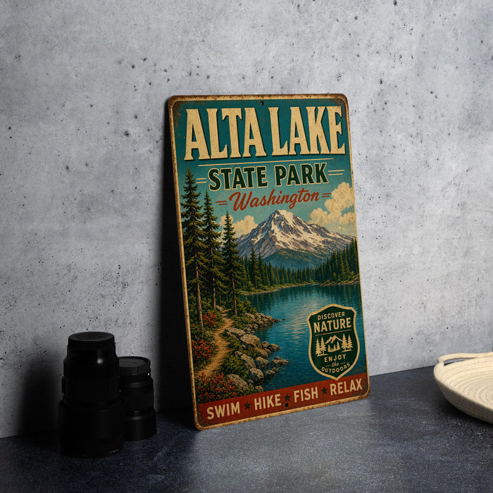 A vintage-style sign for Alta Lake State Park in Washington, featuring a scenic mountain landscape and a lake.