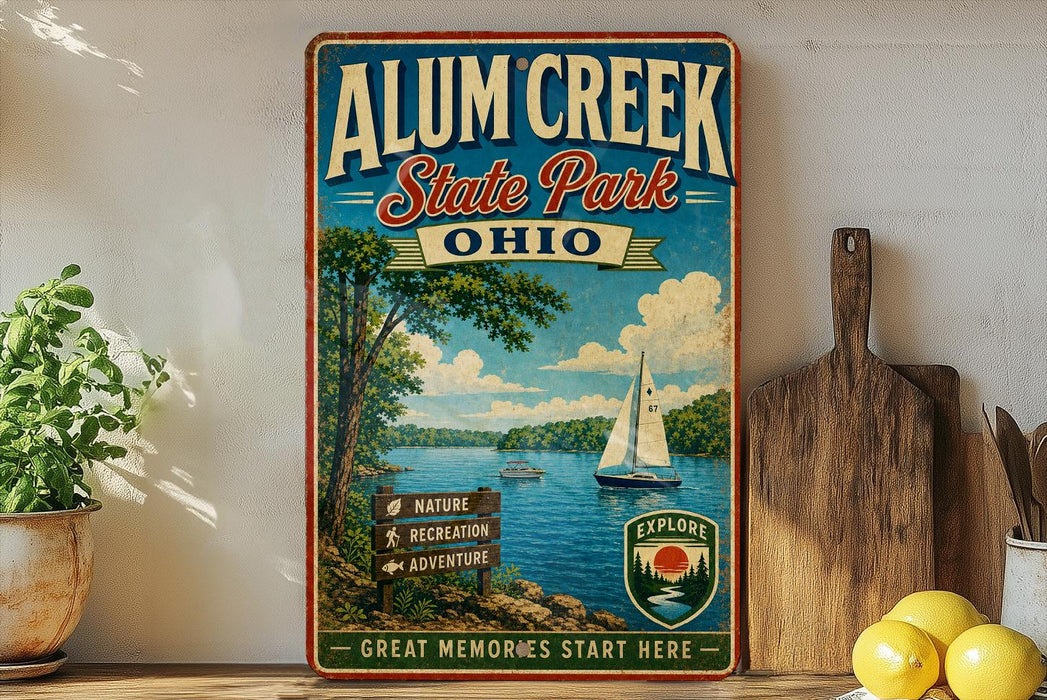 A vintage-style sign for Alum Creek State Park in Ohio, featuring a scenic illustration of a lake with a sailboat, surrounded by trees and mountains.