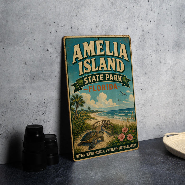 A vintage-style sign for Amelia Island, Florida, featuring a beach scene with a turtle and palm trees, along with the text "Amelia Island State Park, Florida".
