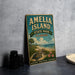 A vintage-style sign for Amelia Island, Florida, featuring a beach scene with a turtle and palm trees, along with the text "Amelia Island State Park, Florida".