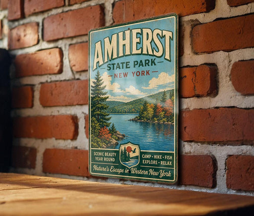 A vintage-style metal sign for Amherst State Park in New York, featuring a scenic landscape with a lake and mountains.