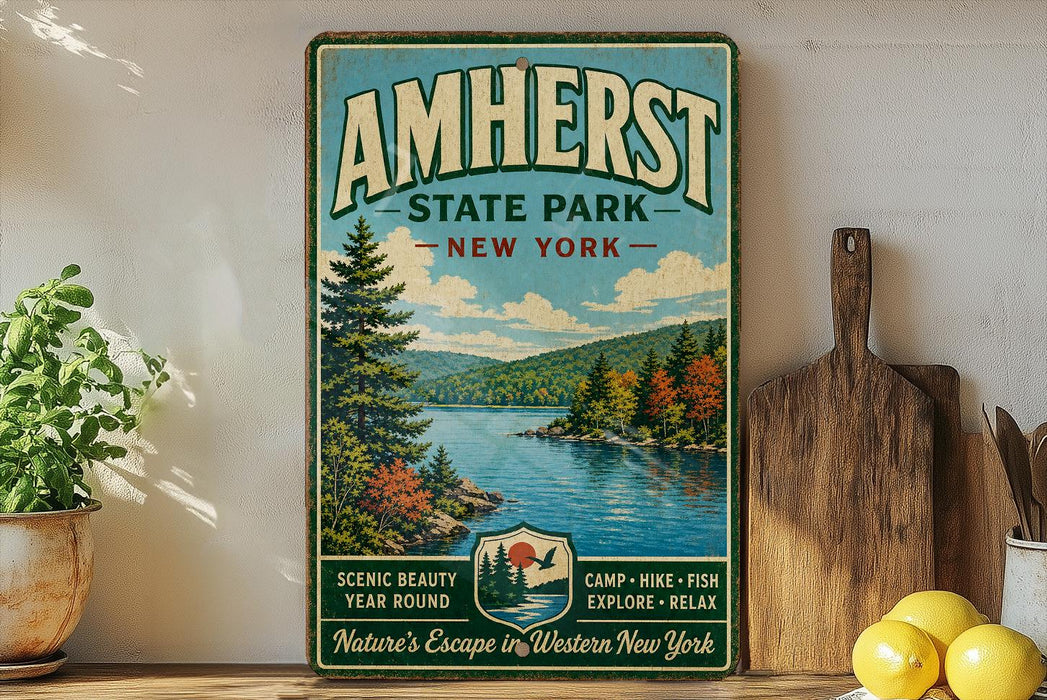A vintage-style sign for Amherst State Park in New York, featuring a scenic landscape with a lake and mountains.