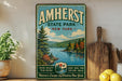 A vintage-style sign for Amherst State Park in New York, featuring a scenic landscape with a lake and mountains.