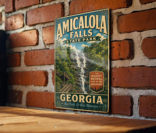 A vintage-style metal sign for Amicola Falls State Park in Georgia, featuring a waterfall and lush greenery.