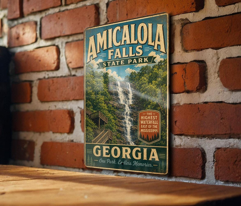 A vintage-style metal sign for Amicola Falls State Park in Georgia, featuring a waterfall and lush greenery.