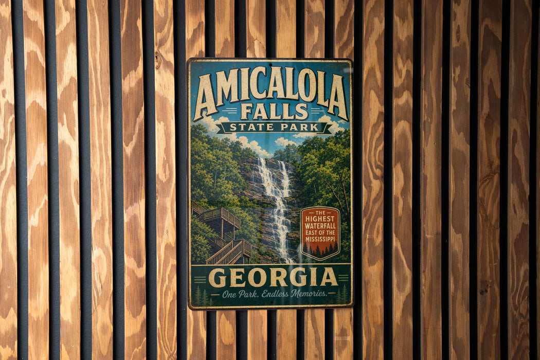 A vintage metal sign for Amicaola Falls State Park in Georgia, featuring a waterfall and lush greenery.