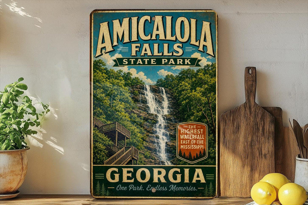 A vintage-style sign for Amicola Falls State Park in Georgia, featuring a waterfall and lush greenery, is displayed on a shelf next to a wooden cutting board and some lemons.