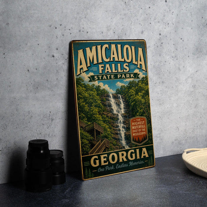 A vintage-style metal sign for Amicalola Falls State Park in Georgia, featuring a waterfall and lush greenery.