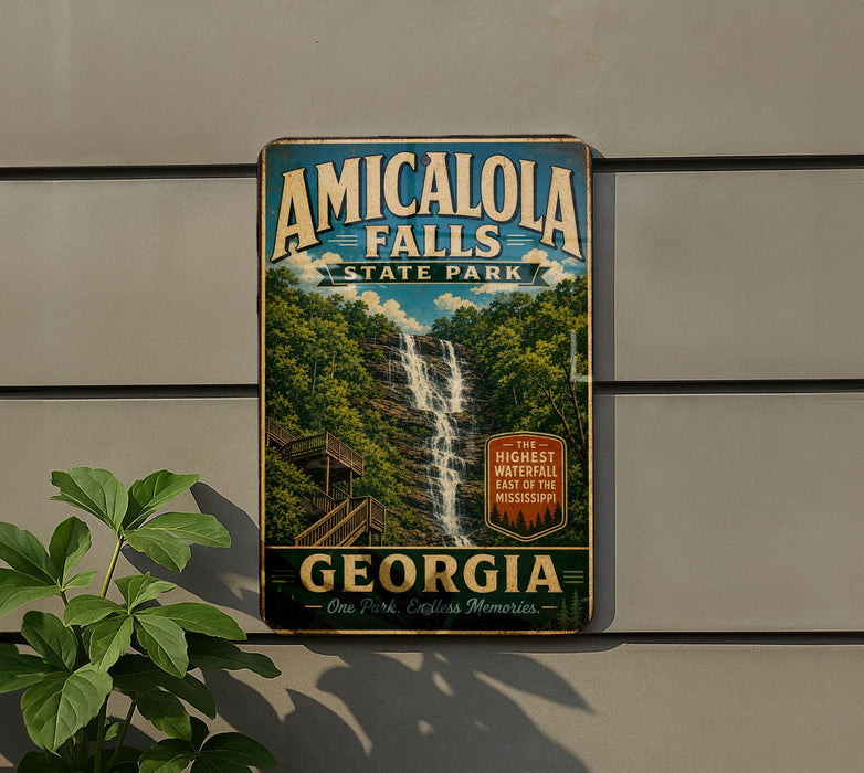 A vintage-style sign for Amicola Falls State Park in Georgia, featuring a waterfall and lush greenery.