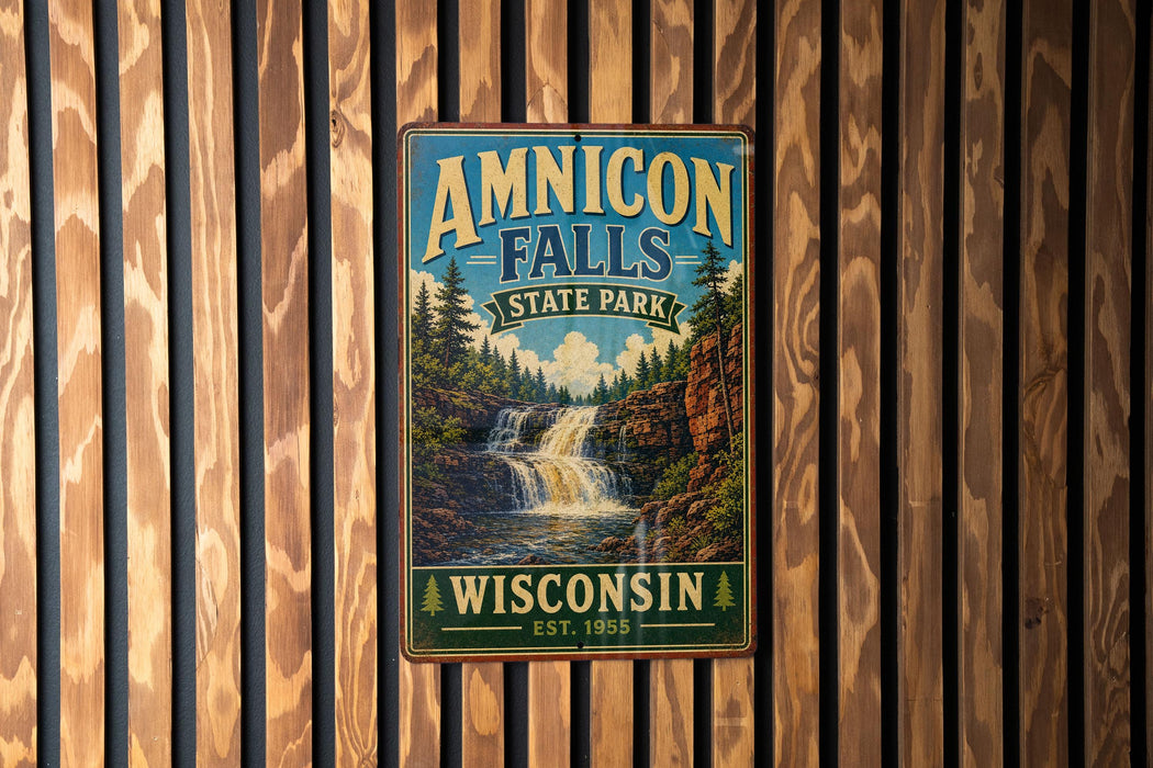 a vintage-style metal sign for Amnicon Falls State Park in Wisconsin, with a waterfall and forest scenery.