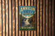 a vintage-style metal sign for Amnicon Falls State Park in Wisconsin, with a waterfall and forest scenery.