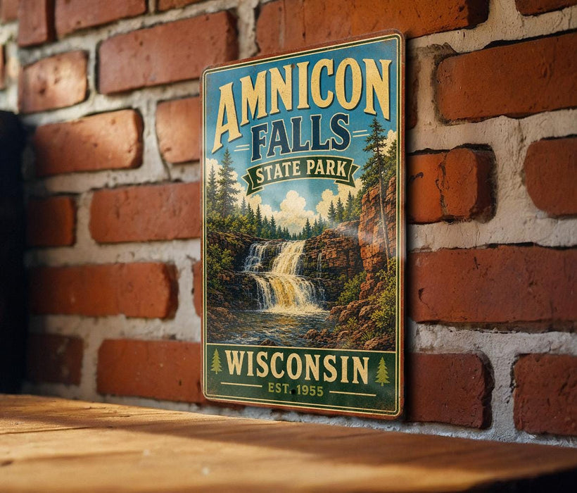 A vintage-style metal sign for Amnicon Falls State Park in Wisconsin, featuring a waterfall and a forest landscape.