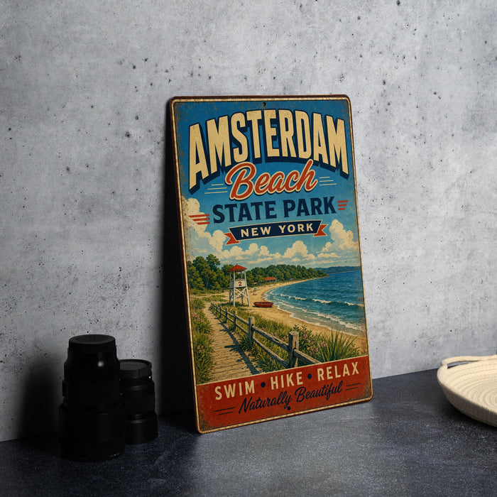 A vintage metal sign for Amsterdam Beach State Park in New York, featuring a beach scene and text promoting the park's attractions.