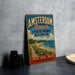 A vintage metal sign for Amsterdam Beach State Park in New York, featuring a beach scene and text promoting the park's attractions.