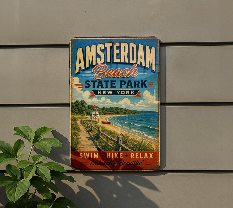 A vintage-style metal sign for Amsterdam Beach State Park in New York, featuring a beach scene with a lifeguard tower and a path leading to the beach.