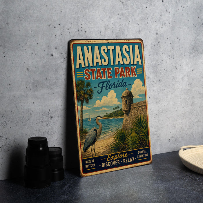 a vintage-style metal sign for Anastasia State Park in Florida, with a beach scene and a crane in the background.