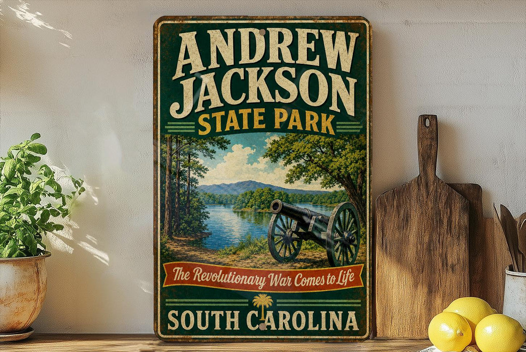 A vintage-style sign for Andrew Jackson State Park in South Carolina, featuring a cannon and a scenic landscape.