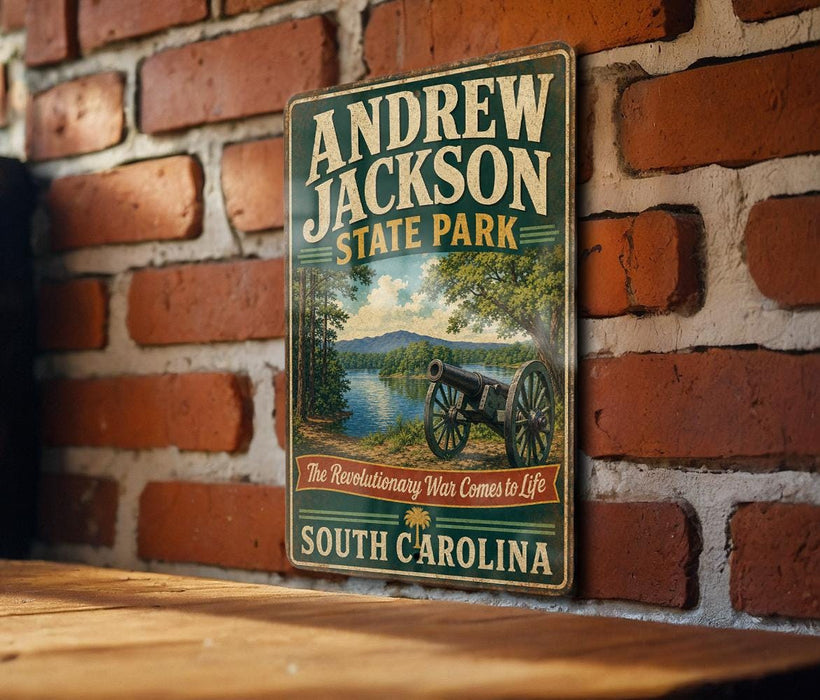 A vintage-style metal sign for Andrew Jackson State Park in South Carolina, featuring a cannon and a scenic landscape.