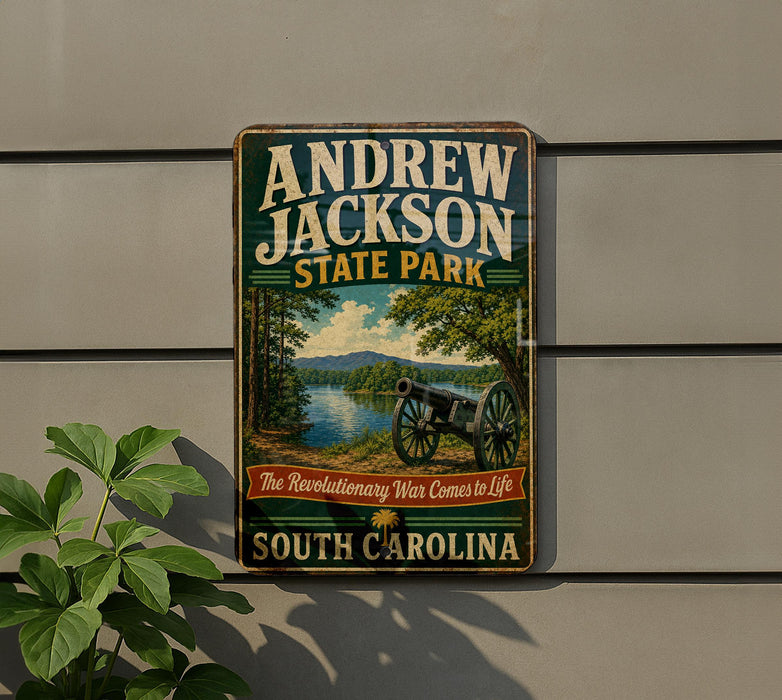 A vintage metal sign for Andrew Jackson State Park in South Carolina, featuring a cannon and a scenic landscape.