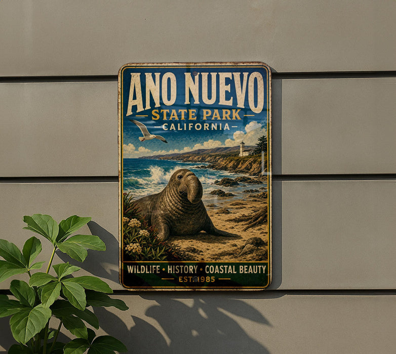 a vintage metal sign for Año Nuevo State Park, California, with a picture of a seal on the beach.