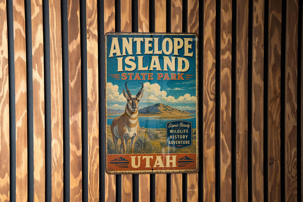 A vintage metal sign for Antelope Island State Park in Utah, featuring an illustration of a mountain and a gazelle.