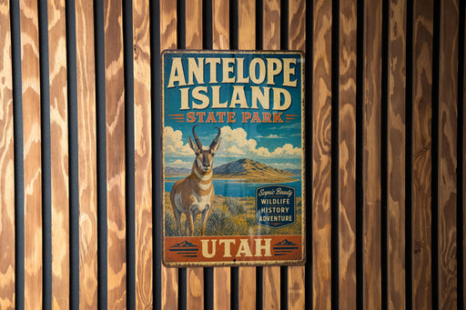 A vintage metal sign for Antelope Island State Park in Utah, featuring an illustration of a mountain and a gazelle.