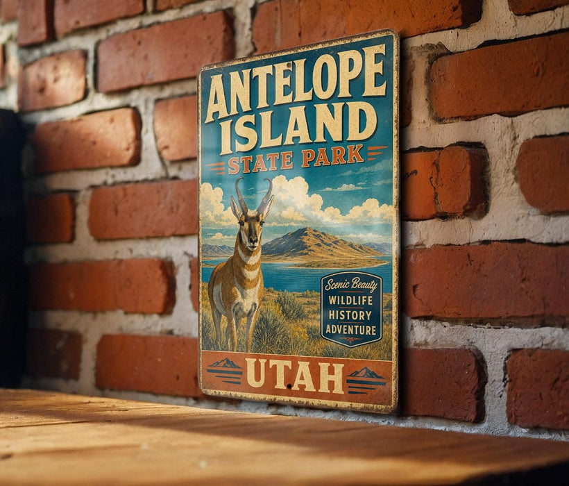 A vintage metal sign for Antelope Island State Park in Utah, featuring an illustration of a mountain range and a gazelle.