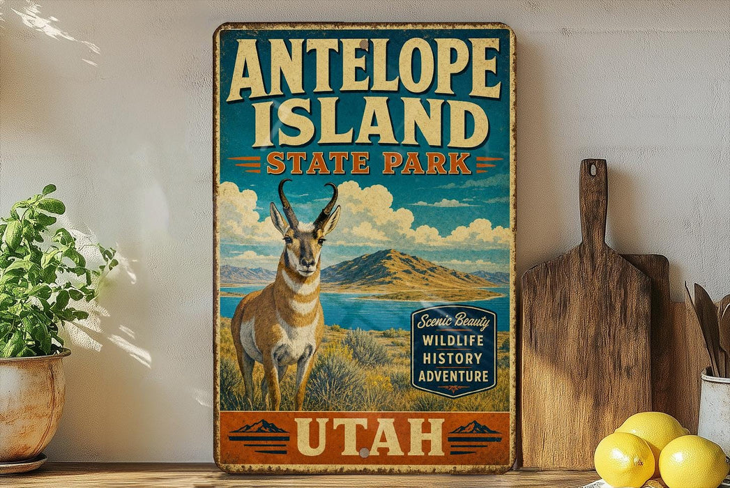 A vintage-style sign for Antelope Island State Park in Utah, featuring an illustration of a mountain range and a gazelle.
