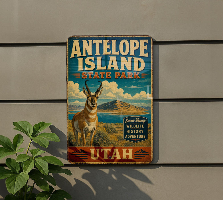 A vintage metal sign for Antelope Island State Park in Utah, featuring an illustration of a mountain and a gazelle.