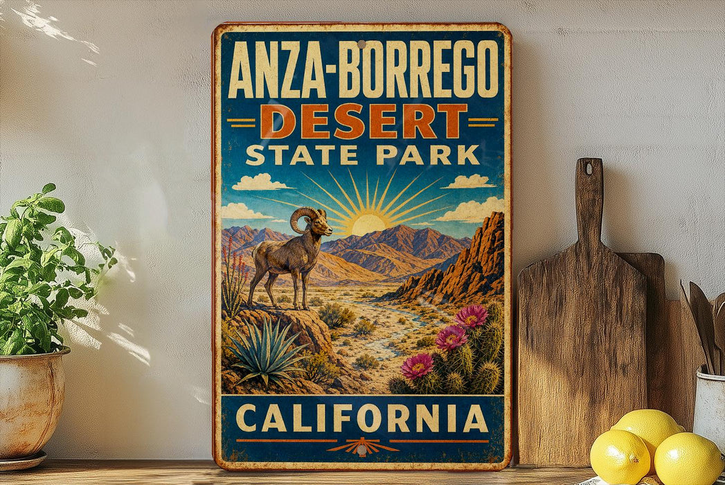 A vintage-style sign for Anza-Borrego Desert State Park in California, featuring a desert landscape with a ram and cacti.