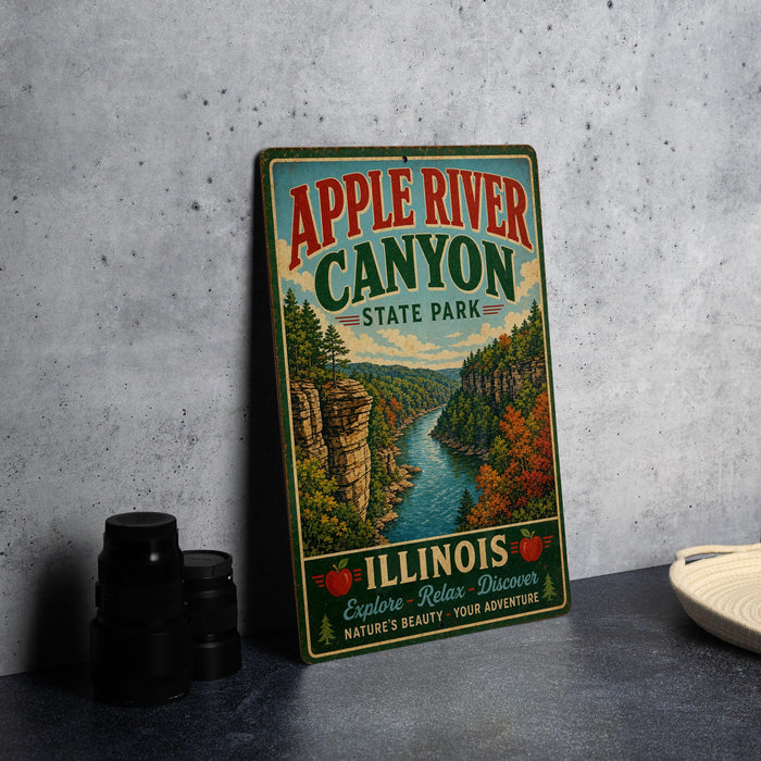 A vintage-style metal sign for Apple River Canyon State Park in Illinois, featuring a scenic illustration of the canyon and its surroundings.