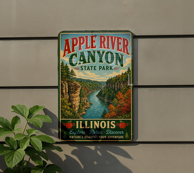A vintage-style sign for Apple River Canyon State Park in Illinois, featuring a scenic illustration of the canyon and its surroundings.