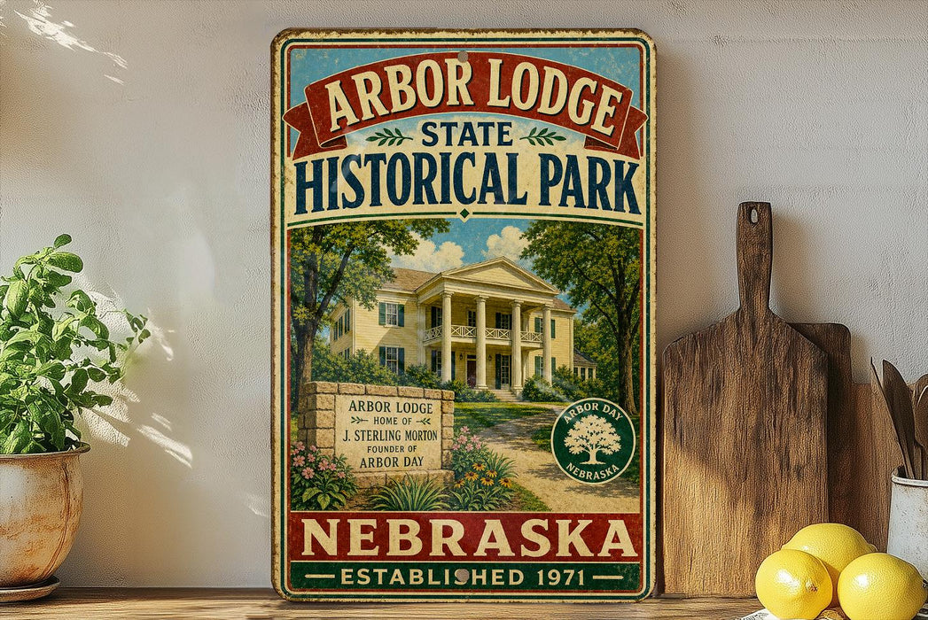 a vintage-style sign for Arbor Lodge State Historical Park in Nebraska, with a house illustration and text indicating the park's location.