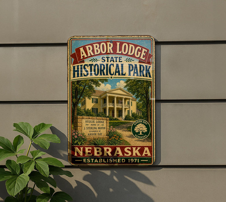 A vintage-style metal sign for Arbor Lodge State Historical Park in Nebraska, featuring an illustration of a historic lodge surrounded by trees and a path leading to the lodge.