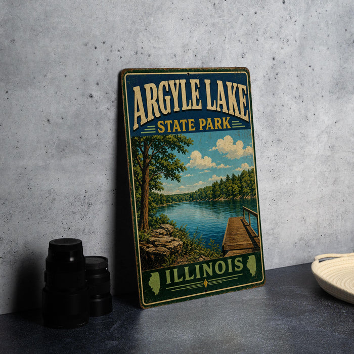 A vintage-style sign for Argyle Lake State Park in Illinois, featuring a scenic image of the lake and surrounding landscape.