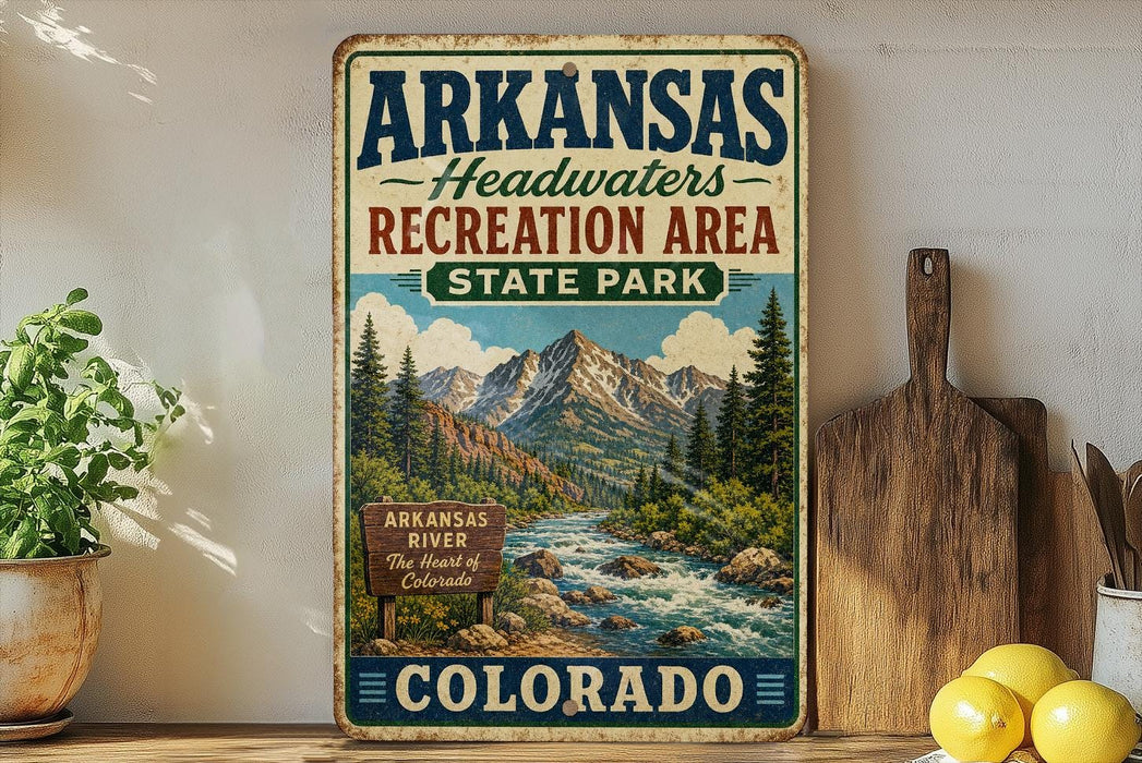 A vintage-style sign for Arkansas Headwaters Recreation Area in Colorado, featuring a scenic mountain landscape with a river flowing through it.