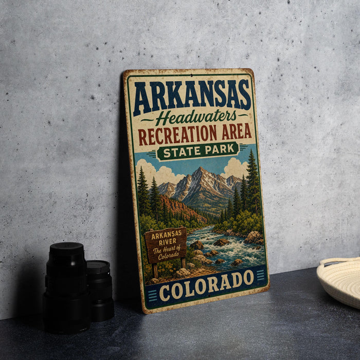 A vintage-style sign for Arkansas Headwaters Recreation Area State Park in Colorado, featuring a scenic mountain landscape and a river.