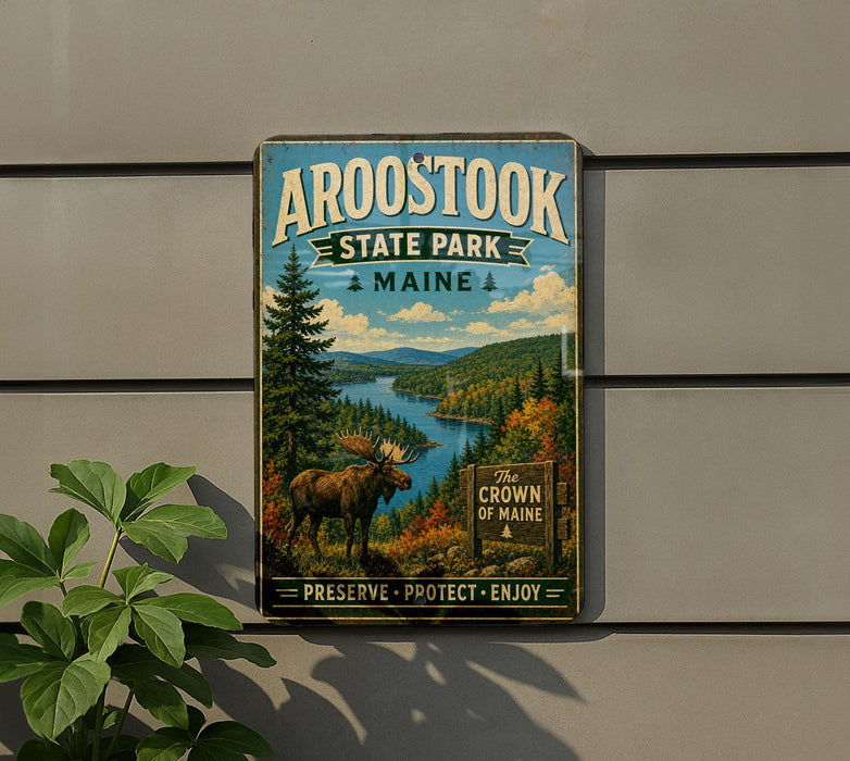 A vintage metal sign for Aroostook State Park in Maine, featuring a moose and a scenic landscape.