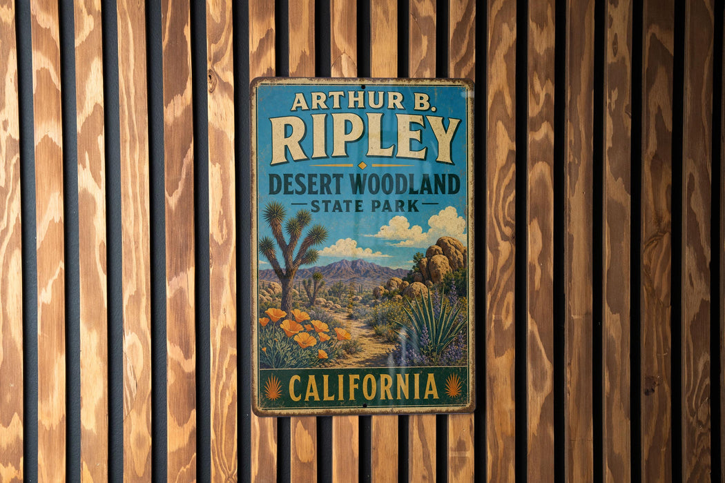 A vintage metal sign for Arthur B Ripley Desert Woodland State Park in California.