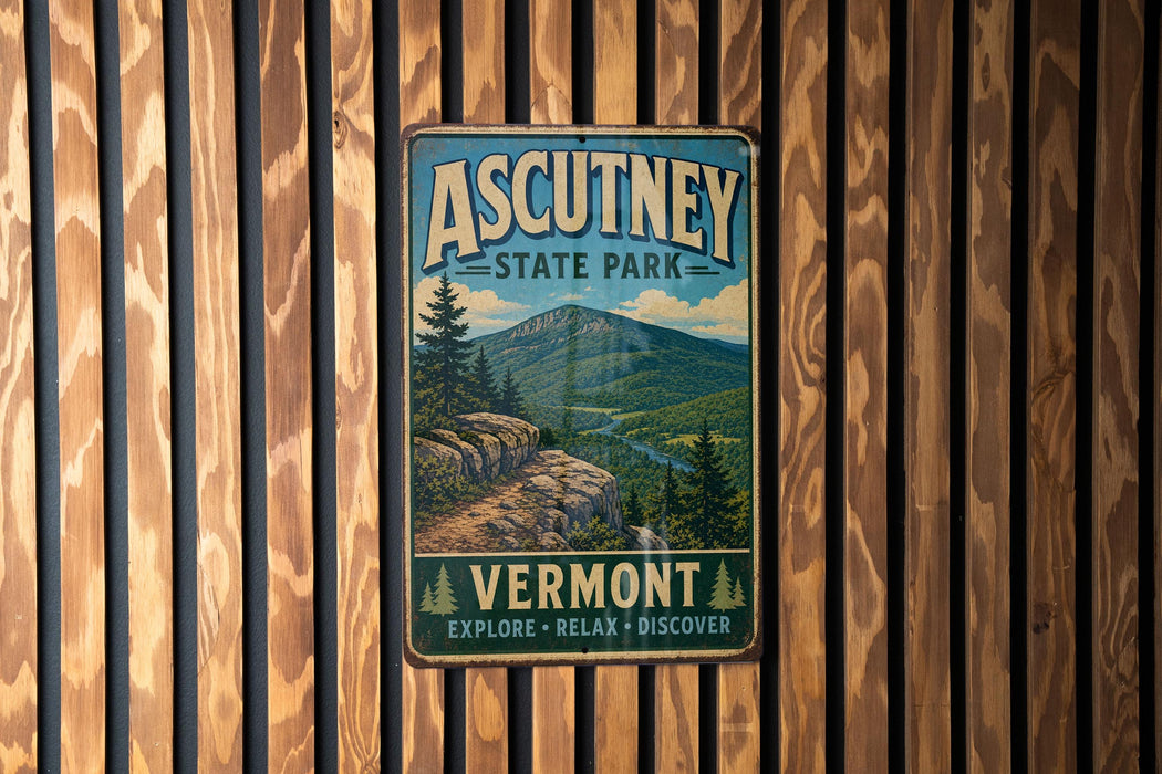 A vintage metal sign for Ascutney State Park, featuring a scenic mountain landscape and the words "Explore, Relax, Discover" in a vintage style.