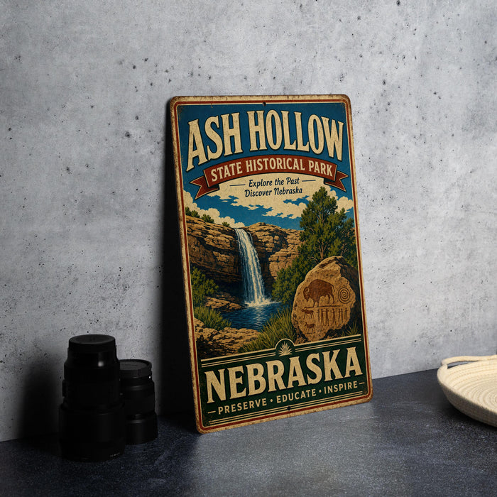 A vintage-style metal sign for Ash Hollow State Historical Park in Nebraska, featuring a waterfall and a scenic landscape.