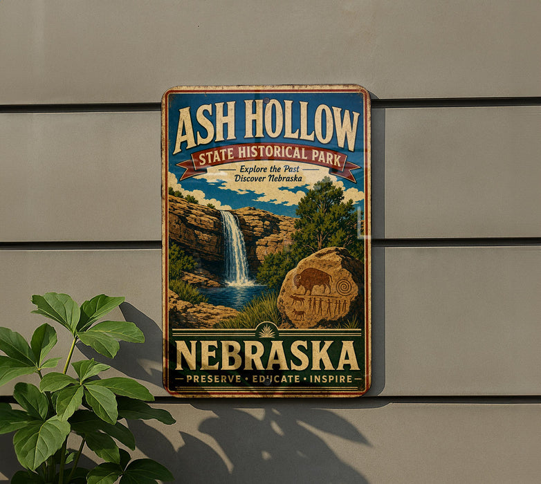 A vintage-style sign for Ash Hollow State Historical Park in Nebraska, featuring a waterfall and a scenic landscape.