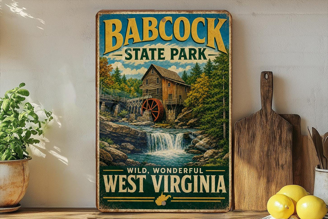 A vintage-style poster of Babcock State Park in West Virginia, featuring a wooden mill and a waterfall, is displayed on a wall next to a wooden cutting board and some lemons.