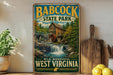A vintage-style poster of Babcock State Park in West Virginia, featuring a wooden mill and a waterfall, is displayed on a wall next to a wooden cutting board and some lemons.