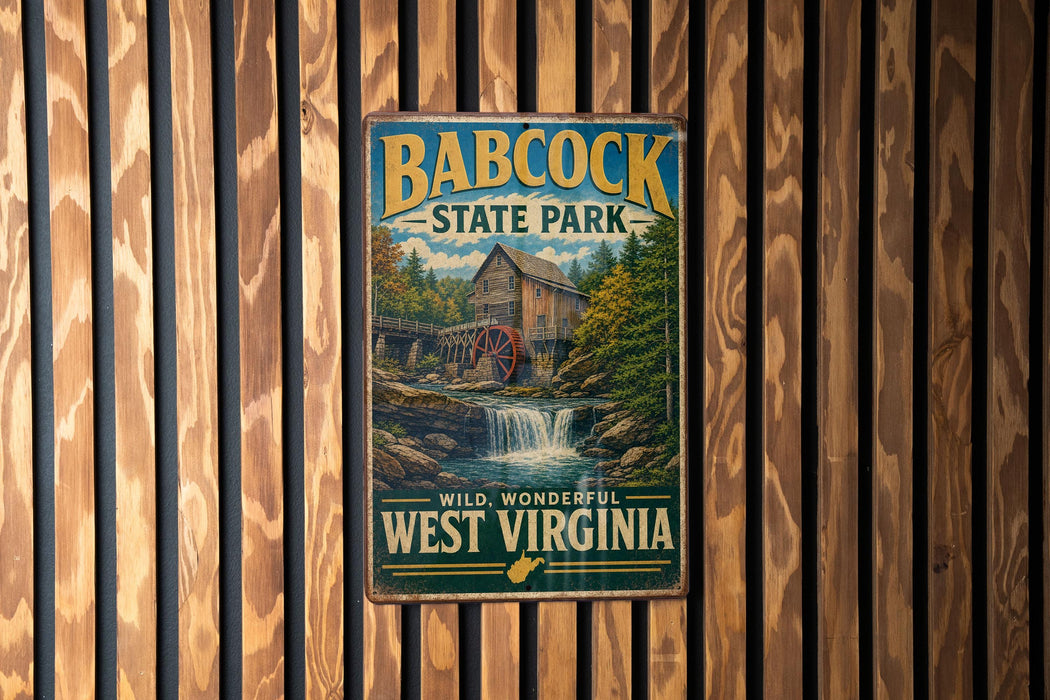 A vintage-style metal sign for Babcock State Park in West Virginia, featuring a scenic illustration of a waterfall and a wooden mill.